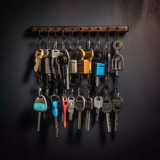 תמונה של מחזיק מפתחות מאורגן היטב עם ווים מסומנים למפתחות שונים